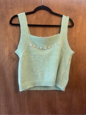 Zara Pearl Embellished Knit Tank Top in Mint Green ✨